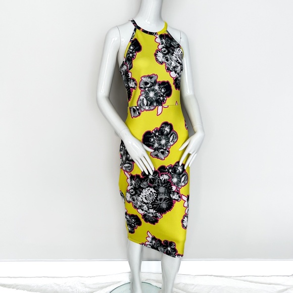 ASOS Lime Yellow Outline Floral Scuba Midi Bodycon Dress Stretch US6 - Picture 12 of 17